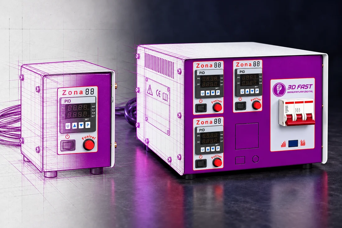 Controlador de temperatura — transição de desenho técnico para representação realista