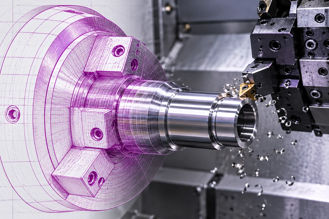Torno CNC — transição de desenho técnico para representação realista